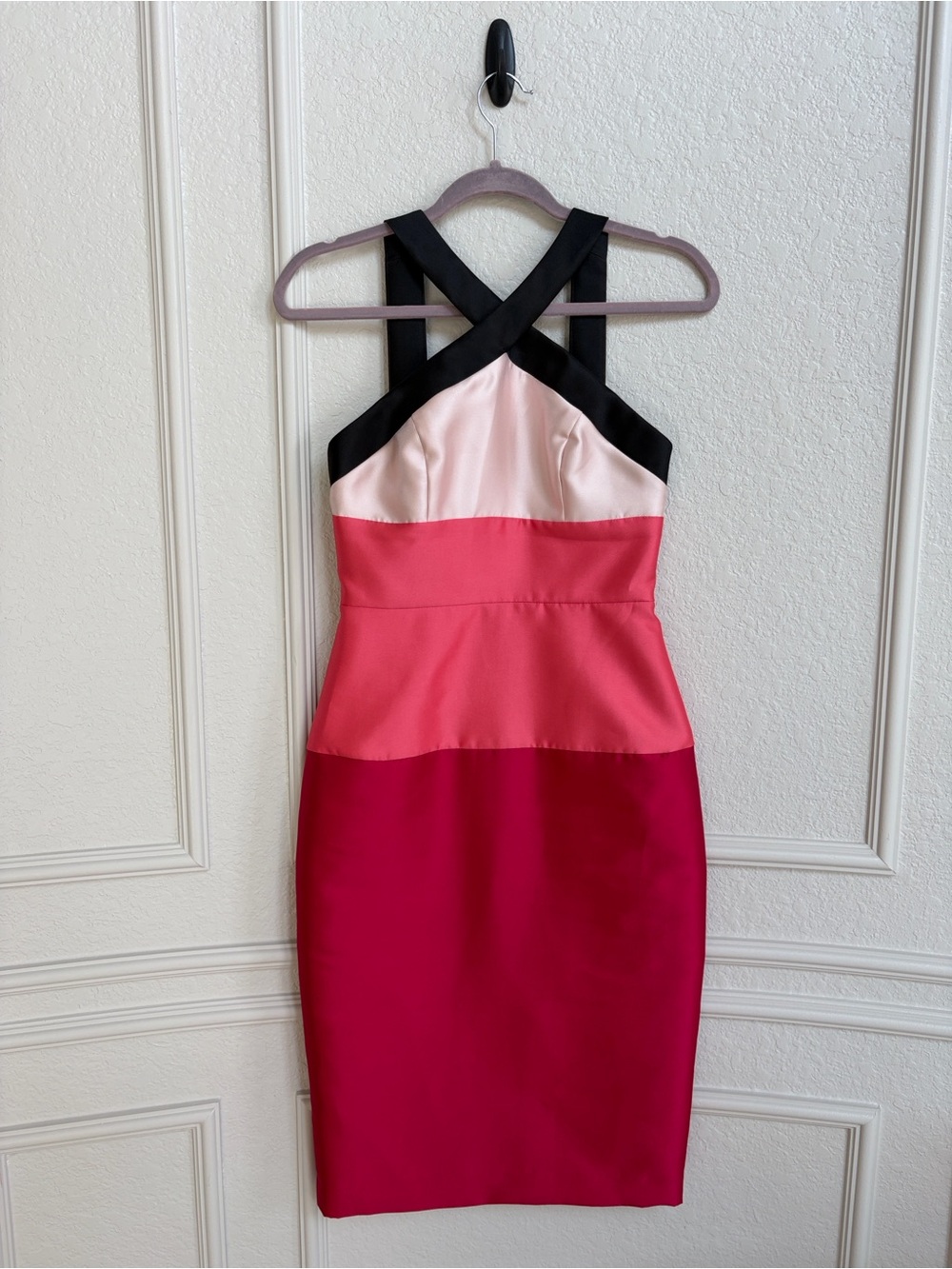 ABS Allen Schwartz Pink & Black Colorblock One-Shoulder Sheath Dress